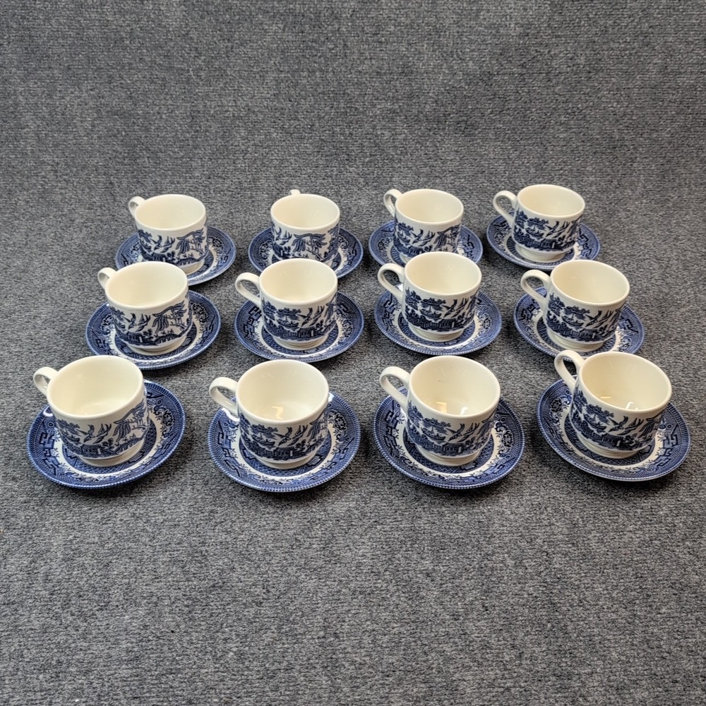 Vintage Set 12 Churchill Blue Willow Coffee Tea Cups and 12 Saucers